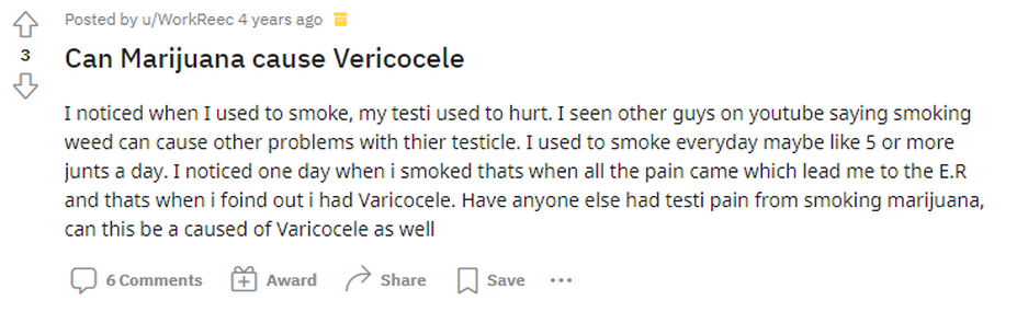 I noticed when I used to smoke, my testi used to hurt. I seen other guys on youtube saying smoking weed can cause other problems with thier testicle.